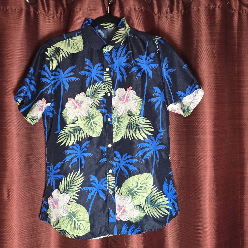 Two tiki Hawaiian shirts:  blue and black &  black and green